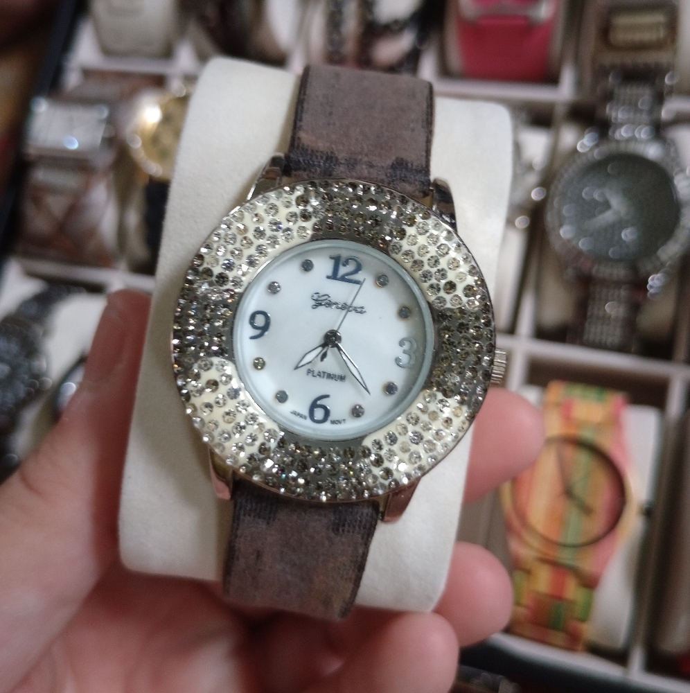 Geneva Platinum Watch with Rhinestone Bezel